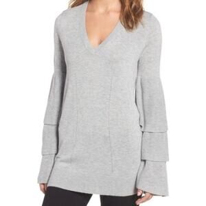 Chelsea28 Light Gray Tiered Bell Sleeve V-Neck Sweater